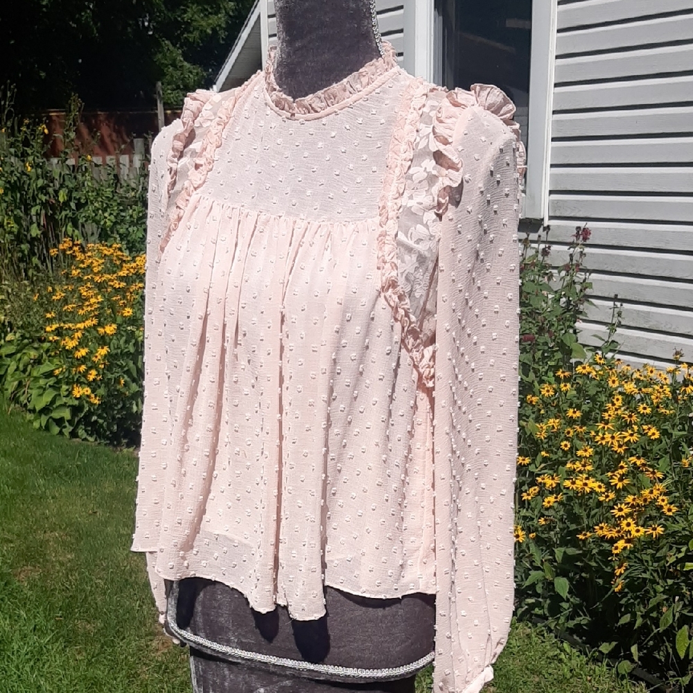 Zara SWEET Pink💞 Blush Ruffle Detail Blouse Size Small